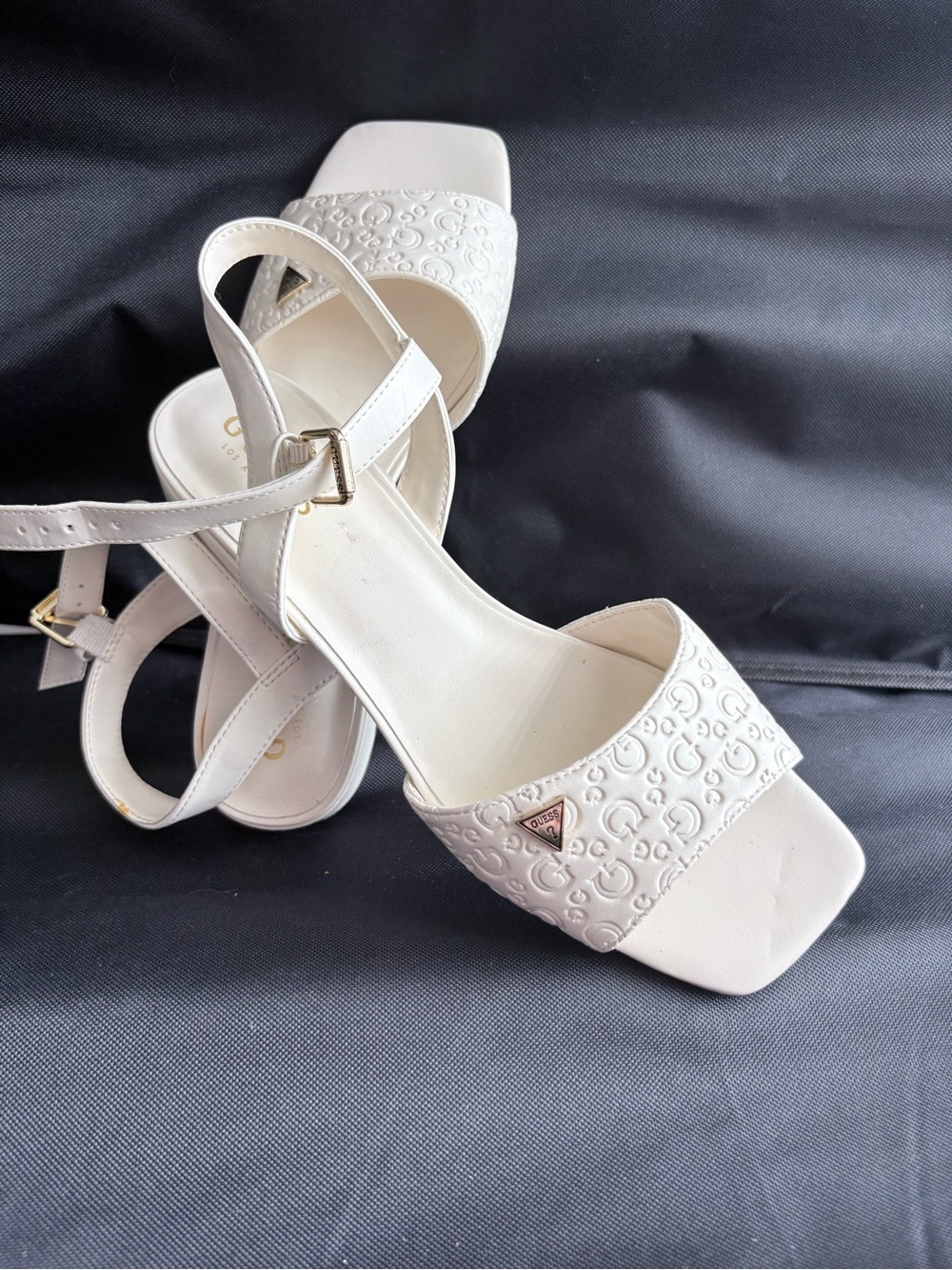 Guess White Embossed Strap Sandals with Ankle Buckle
